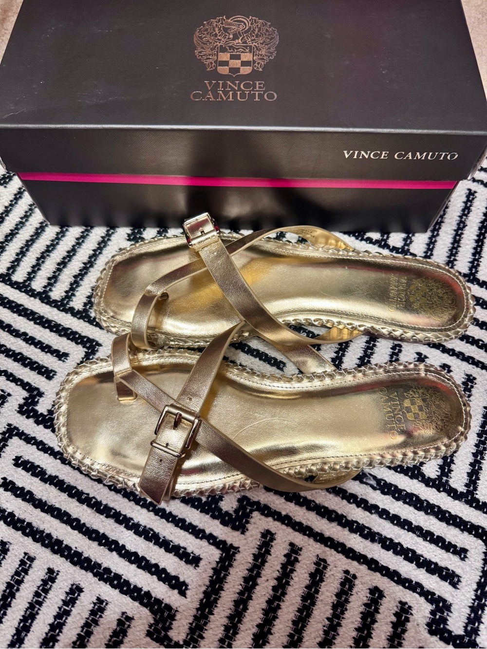 Vince Camuto Metallic Gold Cross-Strap Buckle Slide Sandals